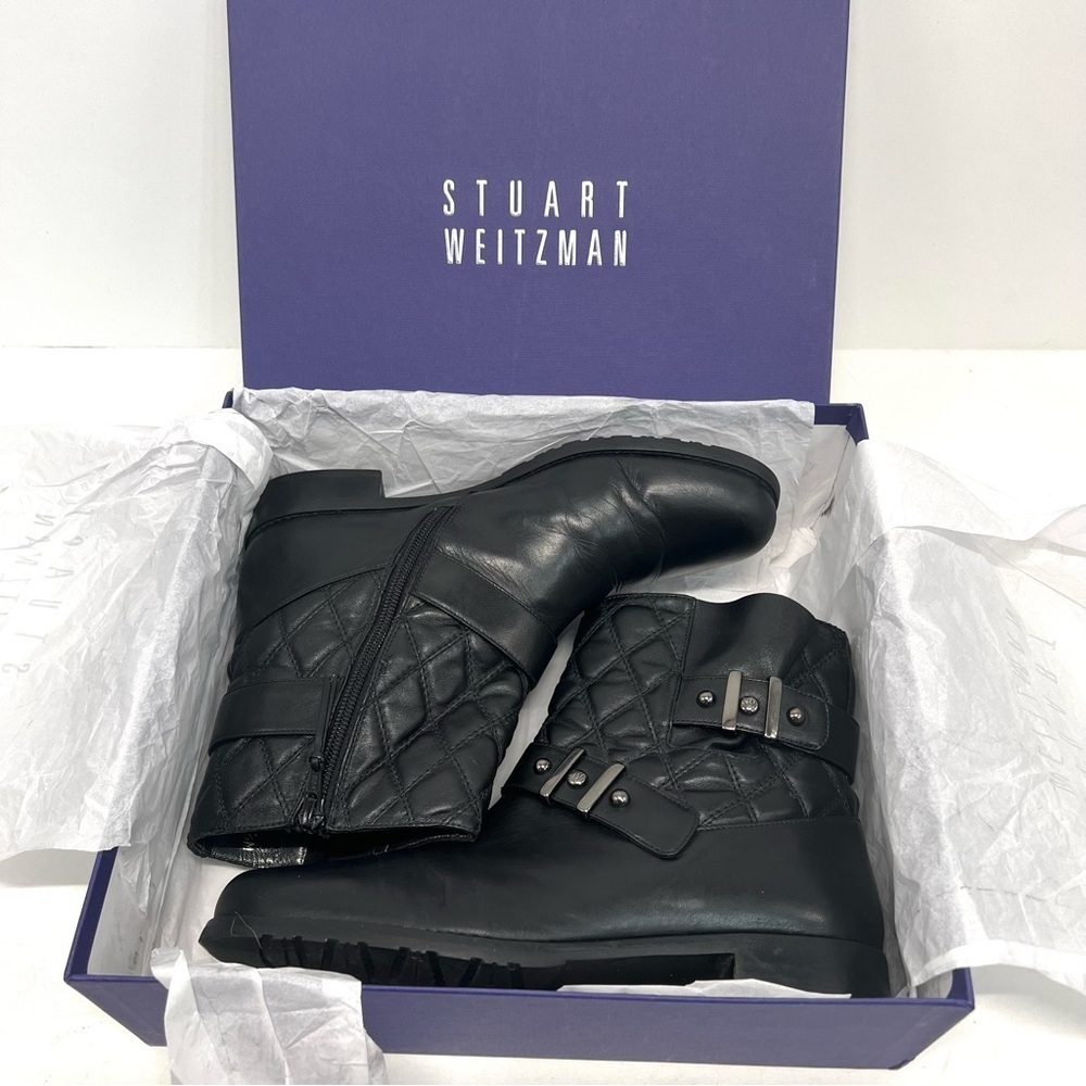 Stuart Weitzman Black Leather Quilted Biker Motorcycle Booties Women’s 8.5 - Picture 13 of 16